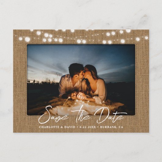 Burlap String Lights Trouwfoto Sla de datum op Aankondigingskaart (Voorkant)