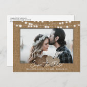 Burlap String Lights Trouwfoto Sla de datum op Aankondigingskaart (Voorkant / Achterkant)