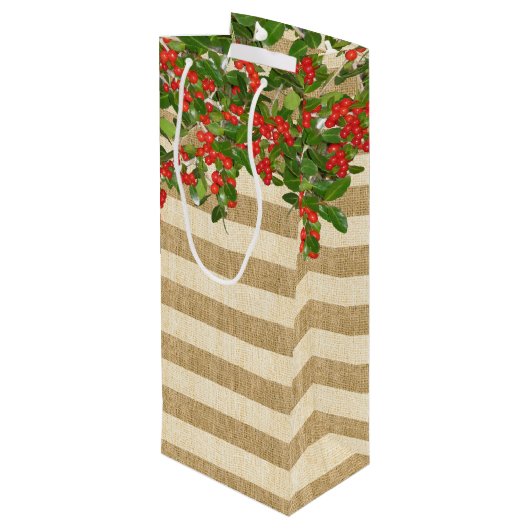 Burlap Stripes en Kerstmis Yaupon Holly Wijn Cadeautas (Achterkant Gekanteld)