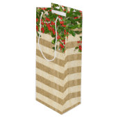 Burlap Stripes en Kerstmis Yaupon Holly Wijn Cadeautas (Voorkant Gekanteld)