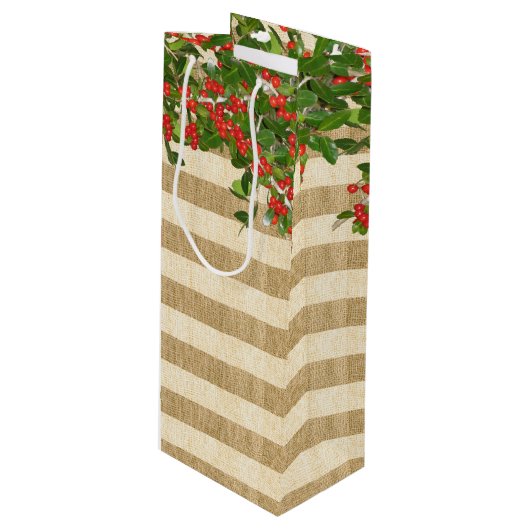 Burlap Stripes en Kerstmis Yaupon Holly Wijn Cadeautas (Voorkant Gekanteld)