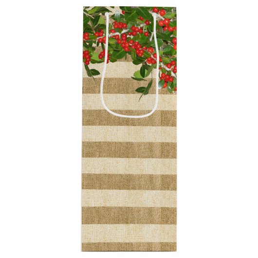 Burlap Stripes en Kerstmis Yaupon Holly Wijn Cadeautas (Voorkant)