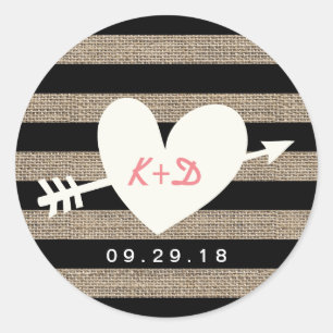 Burlap Stripes Heart & Arrow Rustic Wedding Favor Ronde Sticker