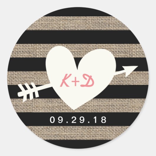 Burlap Stripes Heart & Arrow Rustic Wedding Favor Ronde Sticker (Voorkant)