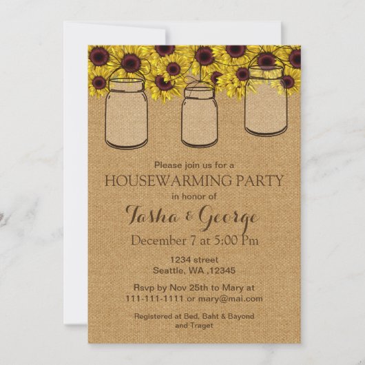 Burlap Sunbloemen Mason Jars Huwarmer Invite Kaart (Voorkant)