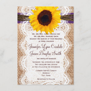 Burlap Sunflower Paarse Accent Wedding Invites Kaart