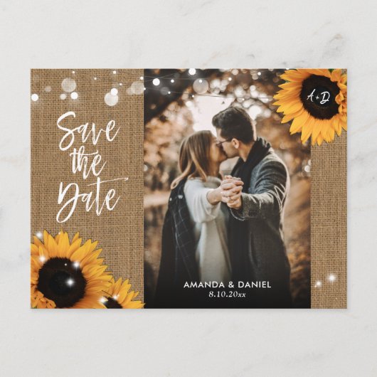 Burlap Sunflower Save the Date Photo Briefkaart (Voorkant)
