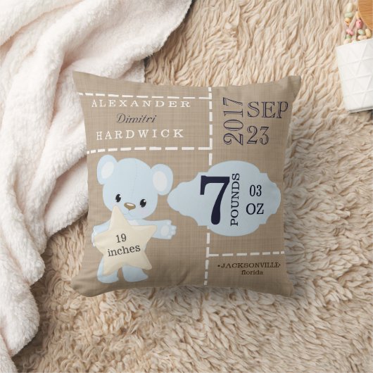 Burlap Teddy Bear Blue Birth Stats Keepomwille Kussen (Deken)