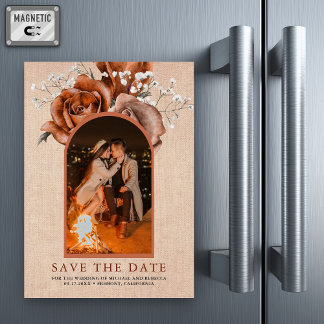 Burlap Terracotta Trouwfoto Sla de datum op Magnetische Uitnodiging