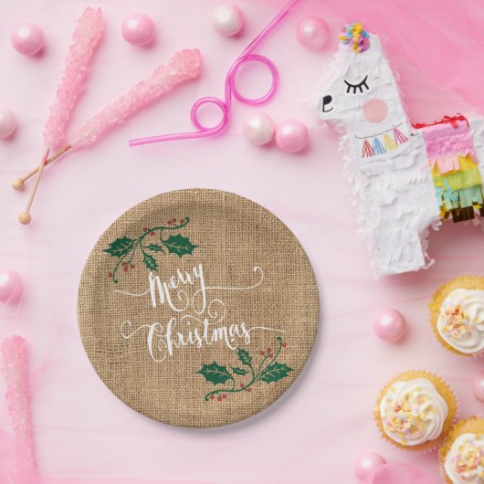 Burlap Texture Merry Kerstmis Papieren Bordje (Feest)