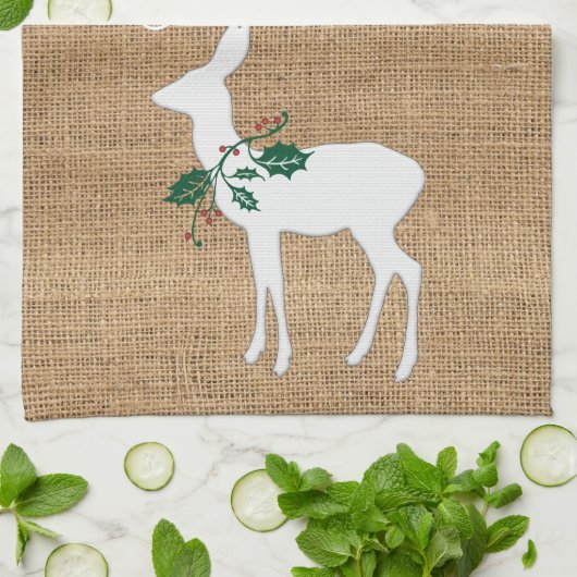 Burlap Texture Vrolijk kerstfeest met rendier Theedoek (Gevouwen)