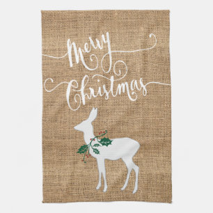 Burlap Texture Vrolijk kerstfeest met rendier Theedoek