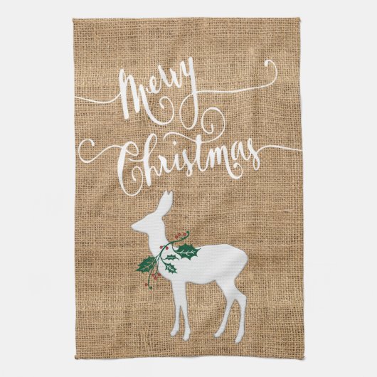 Burlap Texture Vrolijk kerstfeest met rendier Theedoek (Verticaal)
