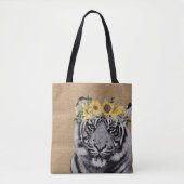 Burlap Tiger Zwart Wit Zonnebloem Kroon Tote Bag (Voorkant)