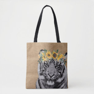 Burlap Tiger Zwart Wit Zonnebloem Kroon Tote Bag