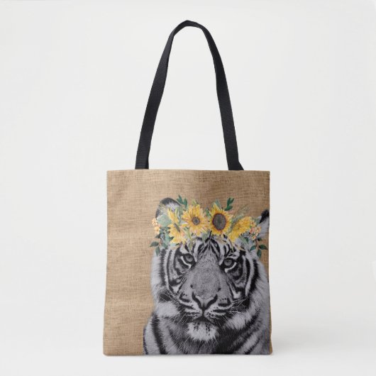 Burlap Tiger Zwart Wit Zonnebloem Kroon Tote Bag (Voorkant)