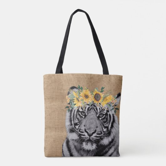 Burlap Tiger Zwart Wit Zonnebloem Kroon Tote Bag (Achterkant)