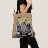 Burlap Tiger Zwart Wit Zonnebloem Kroon Tote Bag (Dichtbij)