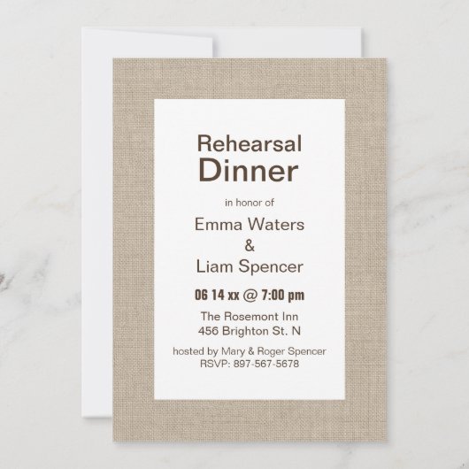 Burlap Typography Rehearsal Dinner Invitation Kaart (Achterkant)