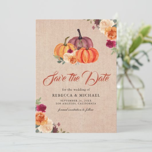 Burlap verbrande Sinaasappel Bloemen Pompoen bruil Save The Date (Staand voorkant)