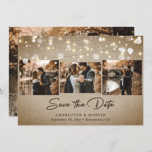  Burlap Wedding 4 Foto slaat de datum op Save The Date (Voorkant / Achterkant)