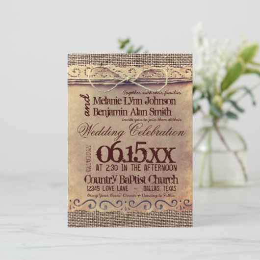 Burlap Wedding-uitnodigingen in het Rustische lan Kaart (Staand voorkant)