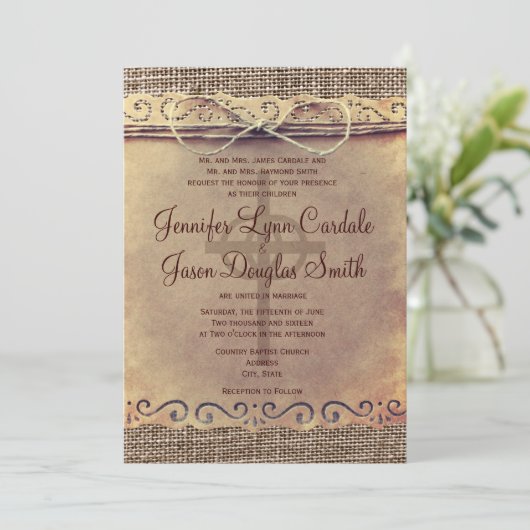 Burlap Wedding-uitnodigingen in het Rustische lan Kaart (Staand voorkant)