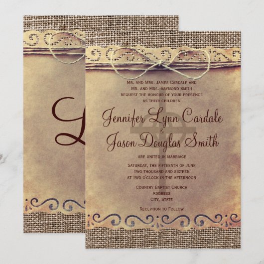 Burlap Wedding-uitnodigingen in het Rustische lan Kaart (Voorkant / Achterkant)