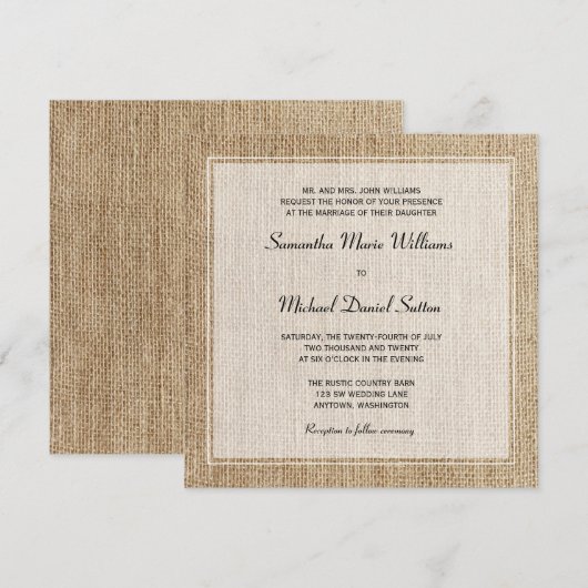 Burlap White Border Wedding Invitations Kaart (Voorkant / Achterkant)