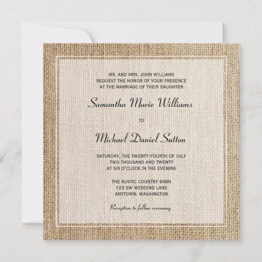 Burlap White Border Wedding Invitations Kaart (Voorkant)