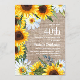 Burlap White Daisies Yellow Sunflower 40thBirthday Kaart