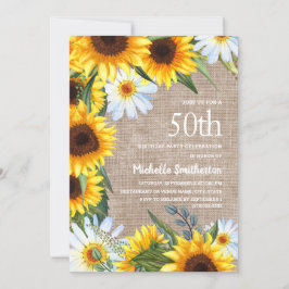 Burlap White Daisies Yellow Sunflower 50thBirthday Kaart