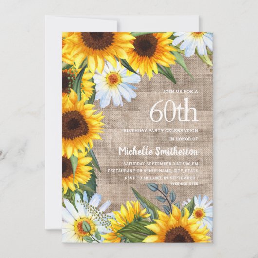 Burlap White Daisies Yellow Sunflower Birthday Kaart (Voorkant)