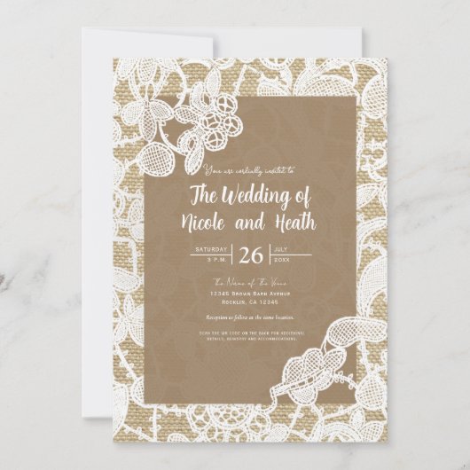 Burlap & White Floral Lace Elegant Rustic Wedding Kaart (Voorkant)