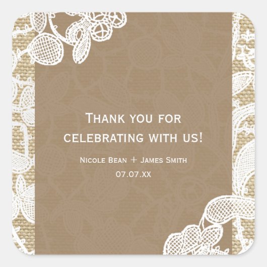 Burlap & White Floral Lace Elegant Rustic Wedding Vierkante Sticker (Voorkant)