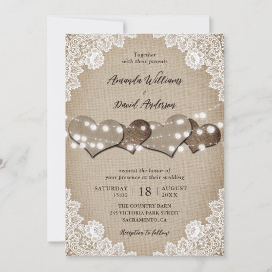 Burlap White Floral Lace String Lights Wedding Kaart (Voorkant)