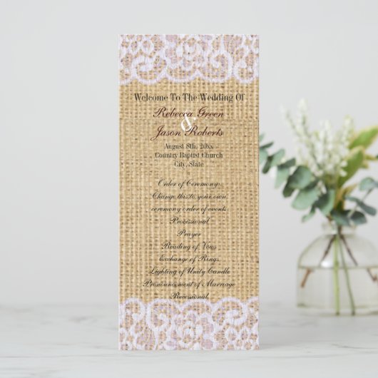 Burlap White Lace Country Rustiek Trouwprogramma Programmakaart (Staand voorkant)
