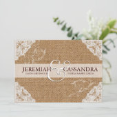 Burlap & White Lace Wedding Invitation Kaart (Staand voorkant)