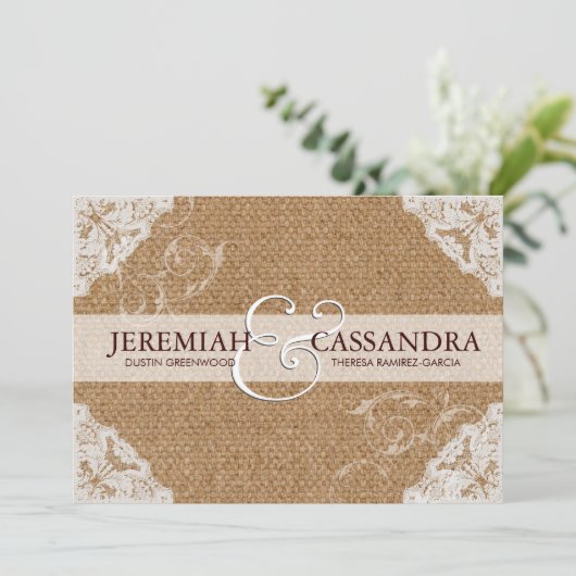 Burlap & White Lace Wedding Invitation Kaart (Staand voorkant)