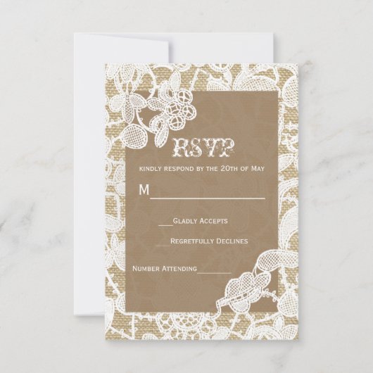 Burlap & Wit Bloemen Kant Rustieke Bruiloft RSVP (Voorkant)