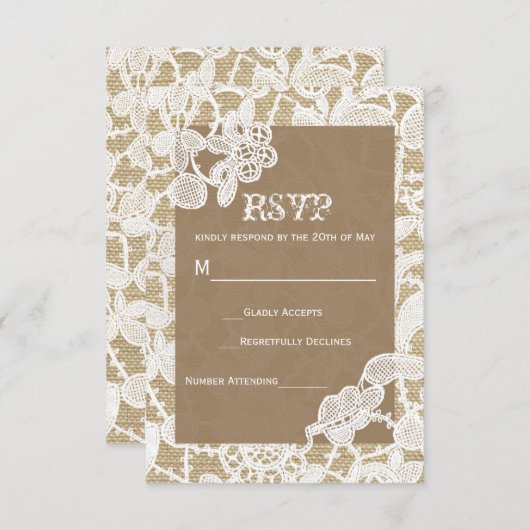 Burlap & Wit Bloemen Kant Rustieke Bruiloft RSVP (Voorkant / Achterkant)