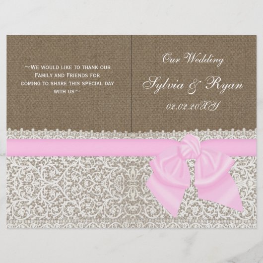 burlap wit kant roze gevouwen Weddenschap programm (Voorkant)