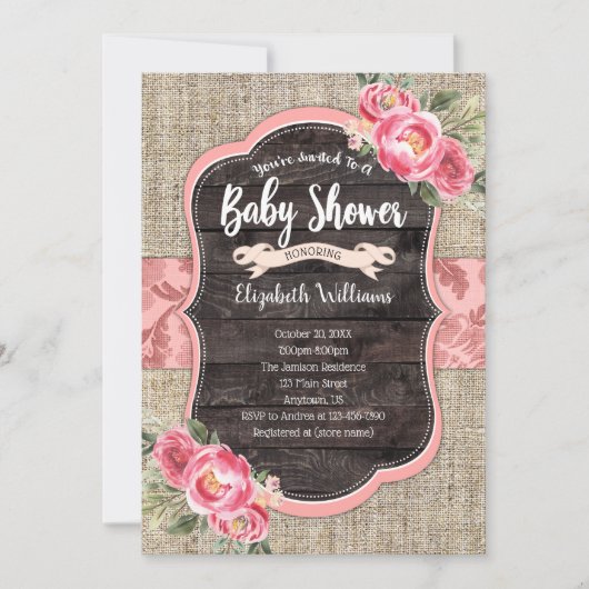 Burlap Wood Pink Flowers Girl Baby shower Kaart (Voorkant)