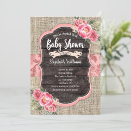 Burlap Wood Pink Flowers Girl Baby shower Kaart