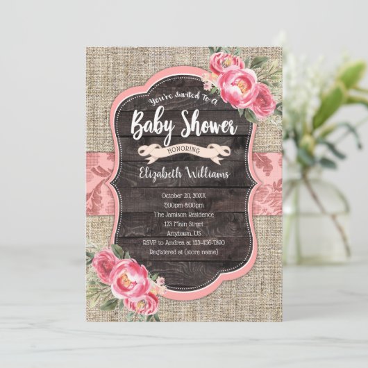 Burlap Wood Pink Flowers Girl Baby shower Kaart (Staand voorkant)