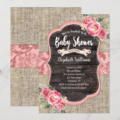 Burlap Wood Pink Flowers Girl Baby shower Kaart (Voorkant / Achterkant)