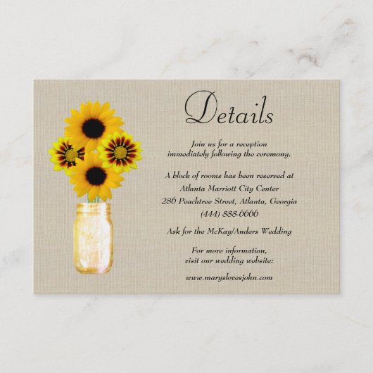Burlap Yellow Floral Mason Jar Wedding Details Informatiekaartje (Voorkant)