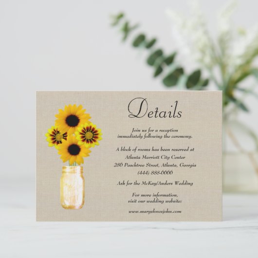 Burlap Yellow Floral Mason Jar Wedding Details Informatiekaartje (Staand voorkant)