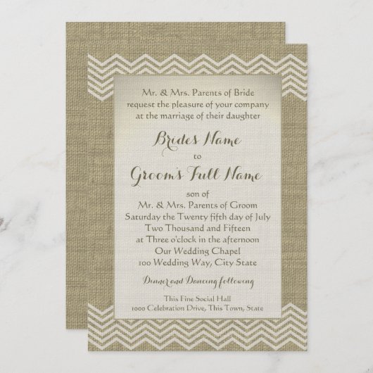 Burlap Zigzag Patroon Wedding Kaart (Voorkant / Achterkant)