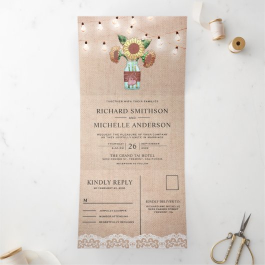 Burlap Zonnebloem Mason Jar String Lights Wedding Drieluik Uitnodiging (Binnen)